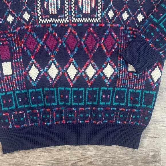 Vintage 80s McGregor Navy Teal Purple White Geometric Knit MockNeck Sweater Sz L - Picture 2 of 4